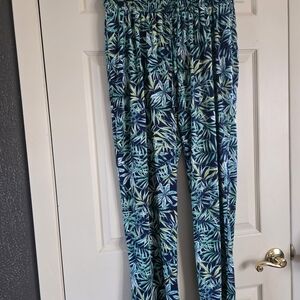 Wide Leg Tropical Print Pants - Navy & Teal